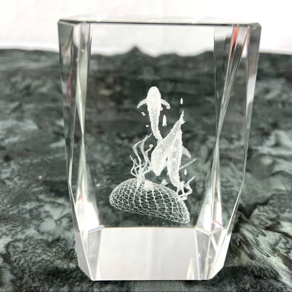 Crystal Clear Glass Cube Paperweight 3-D Laser Etched with Dolphins - Picture 3 of 7